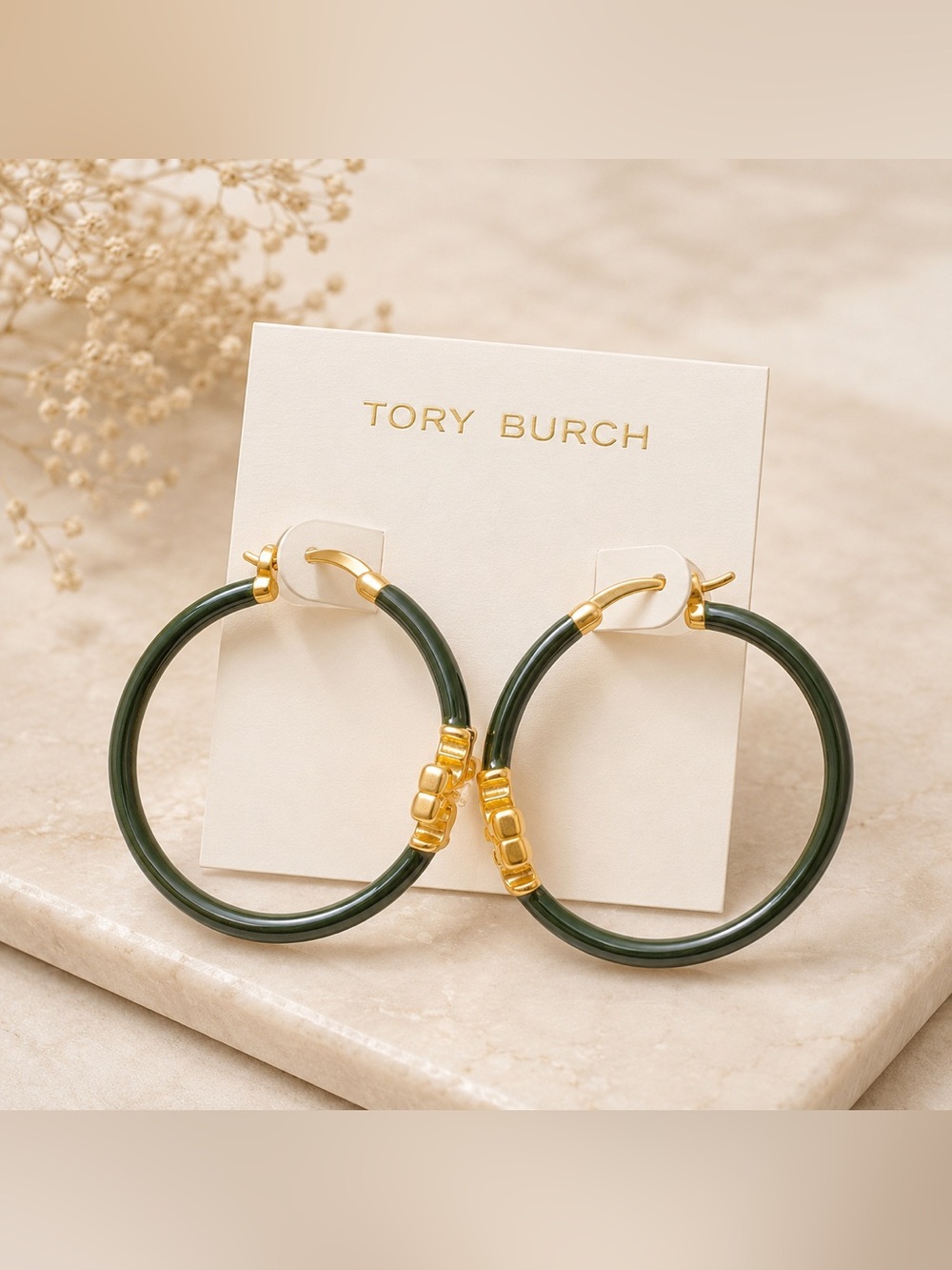 Tory Burch Eleanor Double T Medium Hoop Earrings in Green - Picture 4 of 5